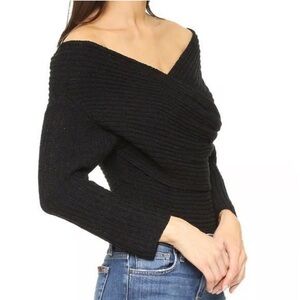 Line & Dot Black Off Shoulder Wrap Sweater Ribbed Knit Long Sleeve Women’s Top M